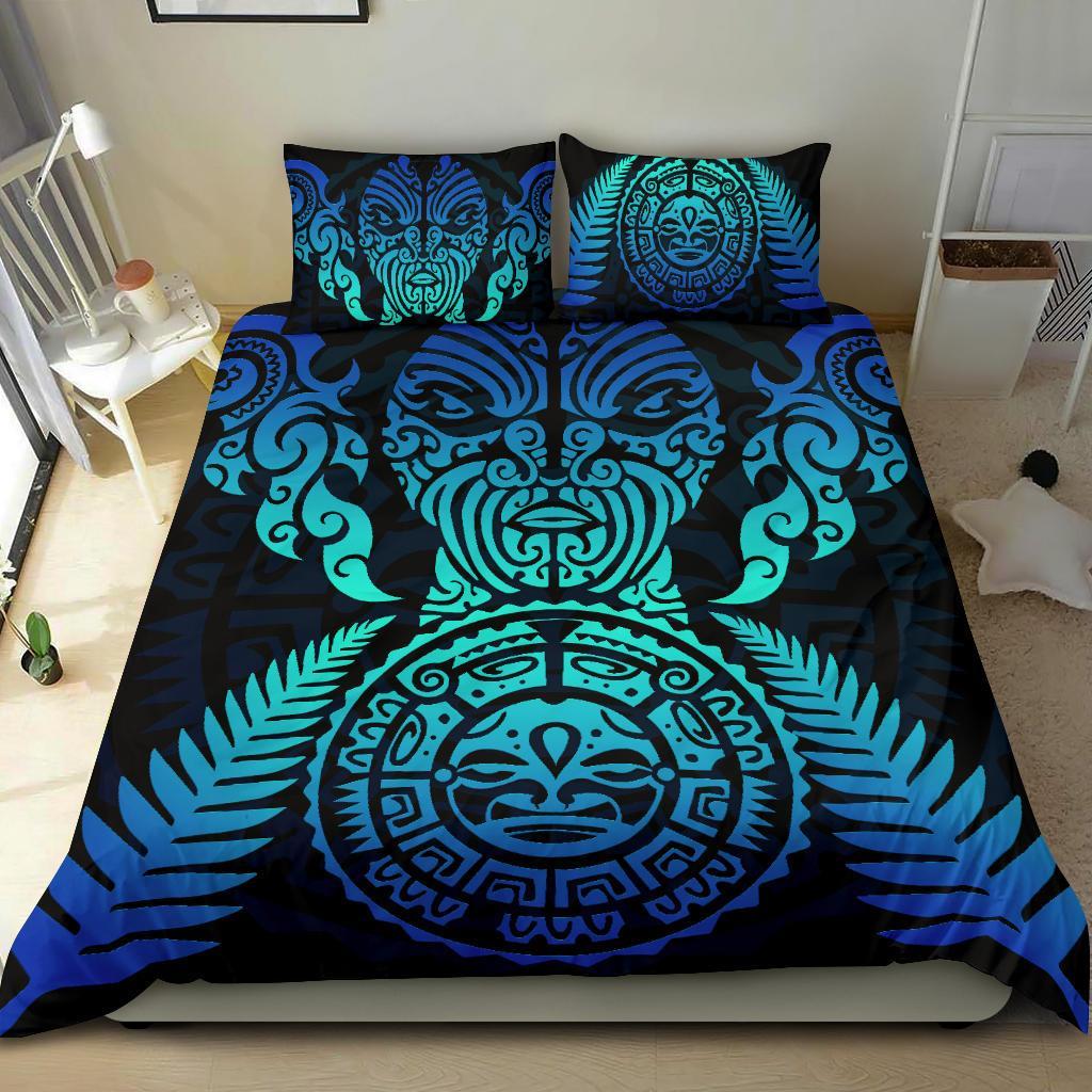 Maori Face Fern New Zealand Bedding Set Blue - Vibe Hoodie Shop