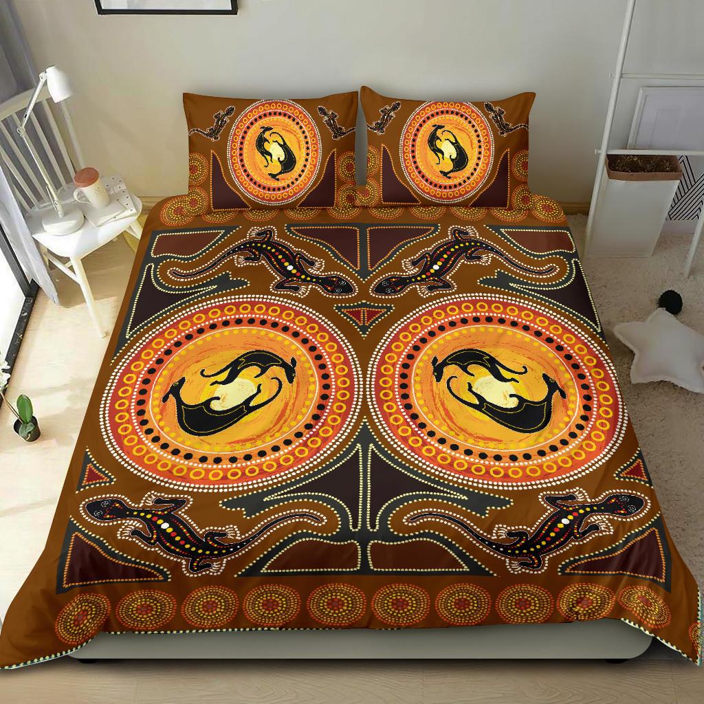 Aboriginal Bedding Set Kangaroo and Lizard with Dots Pattern - Vibe Hoodie Shop