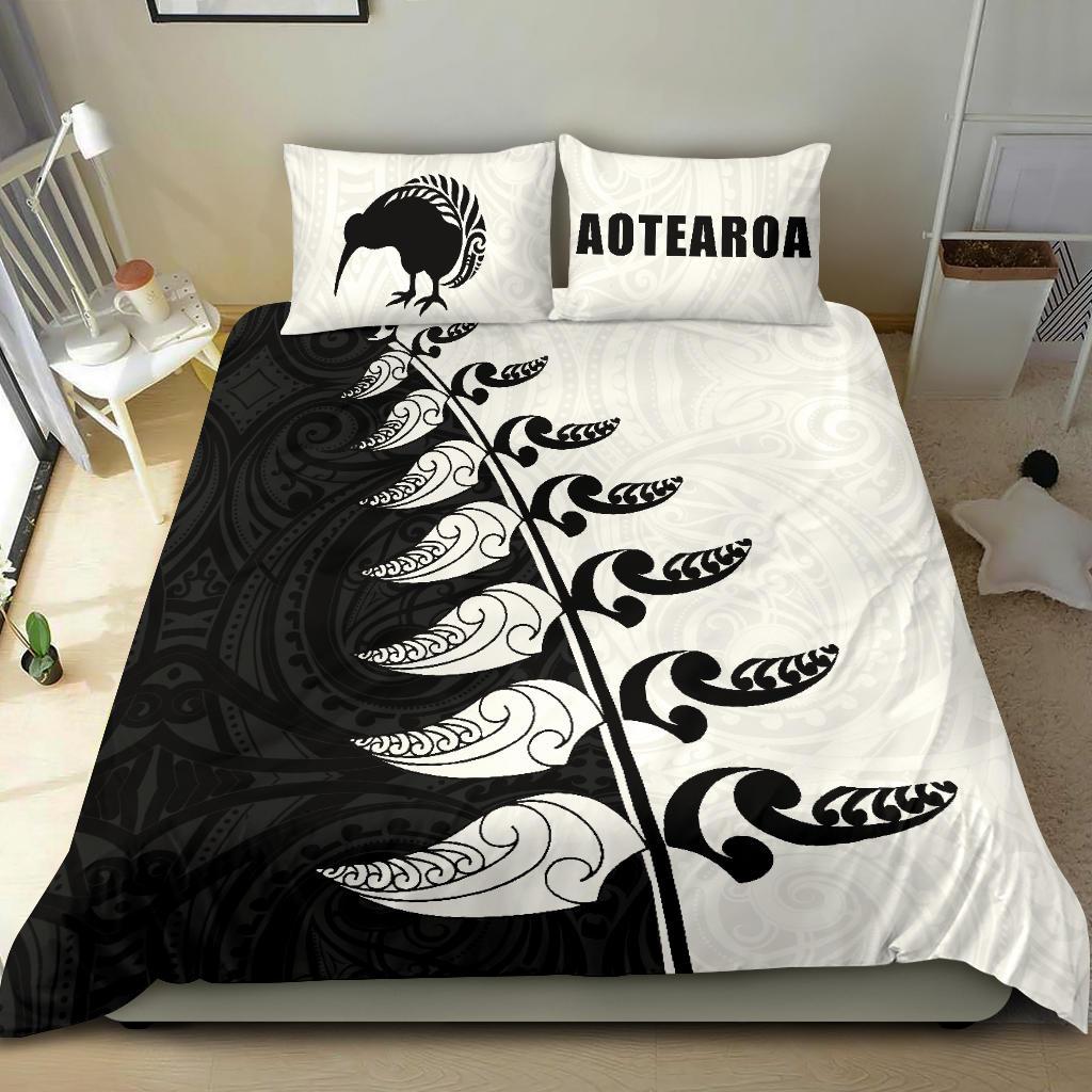 Aotearoa Koru Fern Kiwi New Zealand Bedding Set Black White - Vibe Hoodie Shop