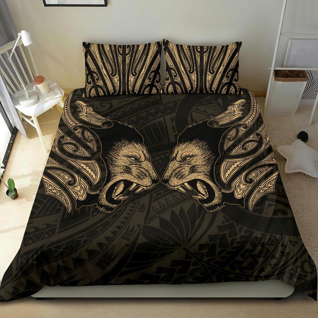 Double Lion Maori Tattoo Bedding Set New Zealand - Gold - Vibe Hoodie Shop