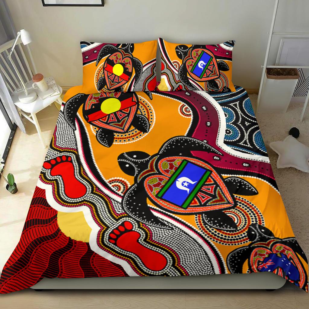 Aboriginal Bedding Set - Australia Dots Pattern With Turtle and NAIDOC 2022 Flags - Vibe Hoodie Shop