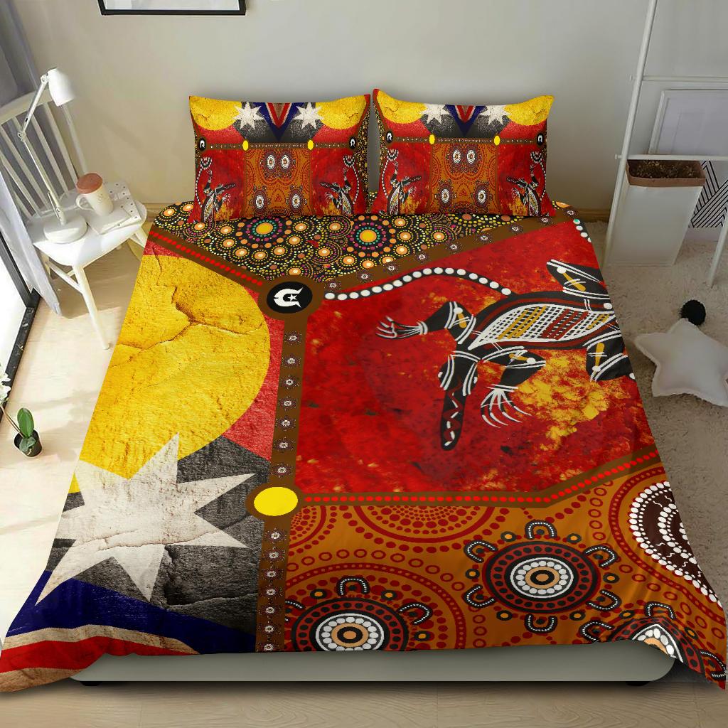 Bedding Set - Aboriginal Dot Painting and Flags, Crocodile - Vibe Hoodie Shop