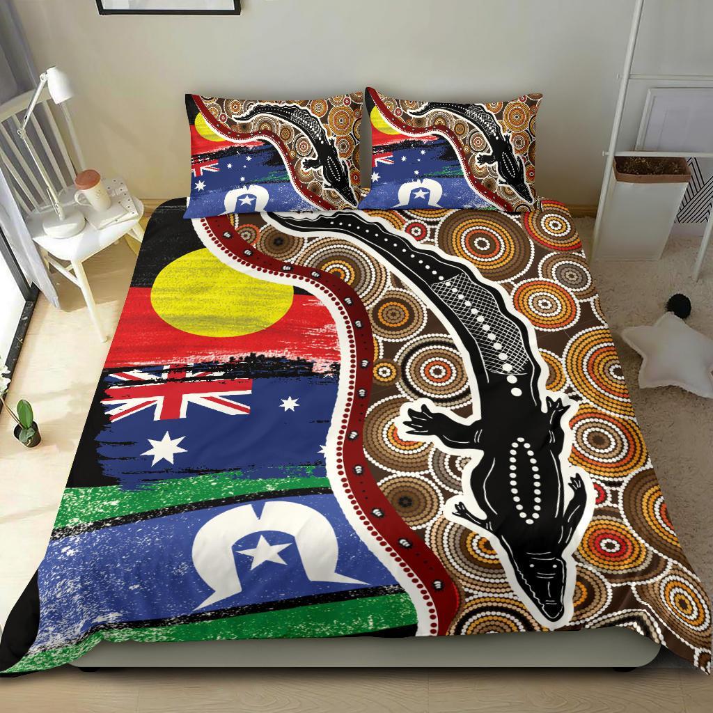 Aboriginal Bedding Set - Indigenous Crocodile With NAIDOC Week 2022 Flags - Vibe Hoodie Shop