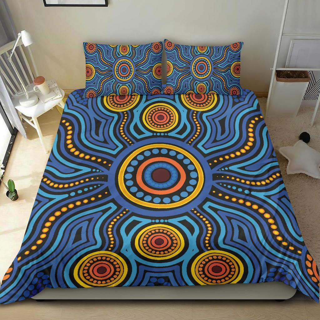 Aboriginal Bedding Set - Aboriginal Flower Blue Dot Painting Art - Vibe Hoodie Shop