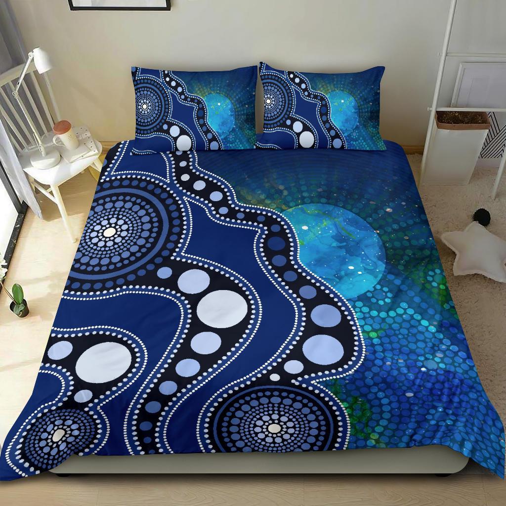 Aboriginal Bedding Set - Australia Indigenous Flag Circle Dot Painting Art (Blue) - Vibe Hoodie Shop