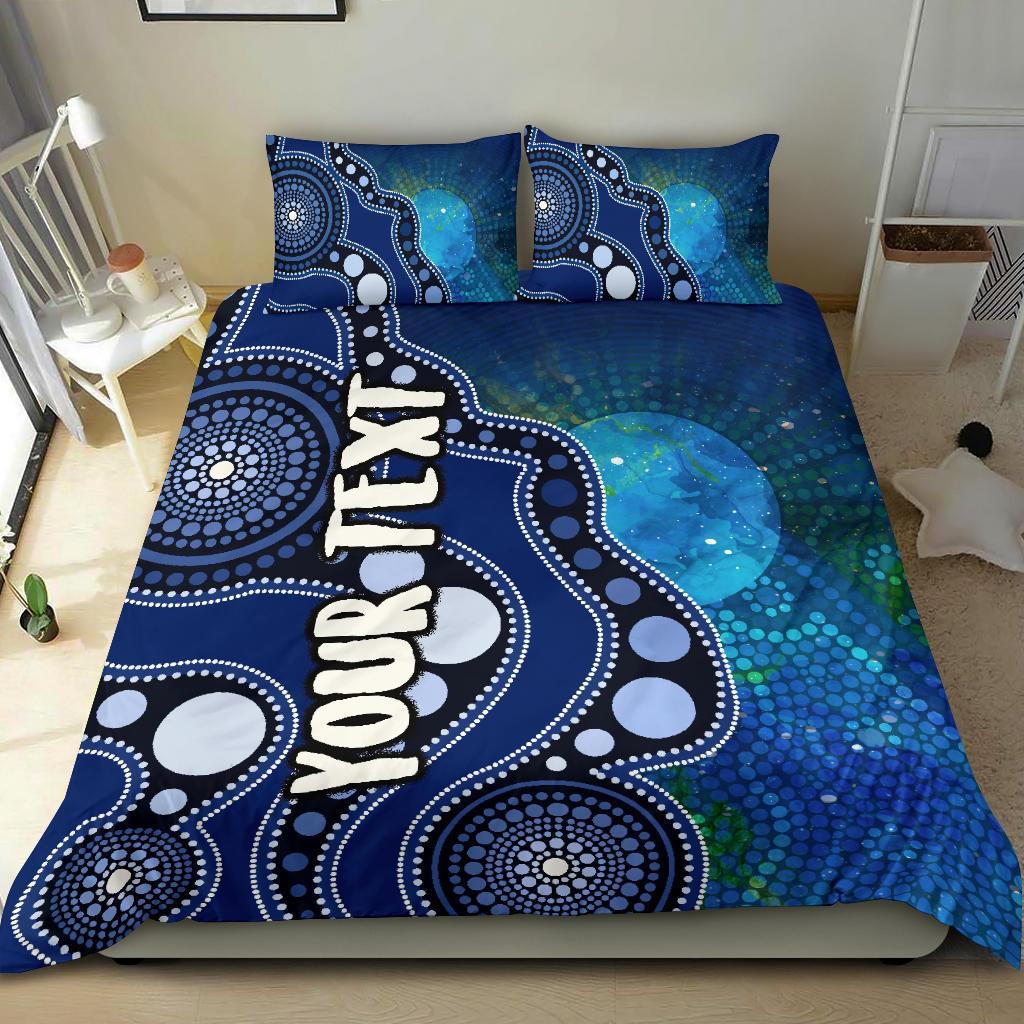 Custom Text Aboriginal Bedding Set - Australia Indigenous Flag Circle Dot Painting Art (Blue) - Vibe Hoodie Shop