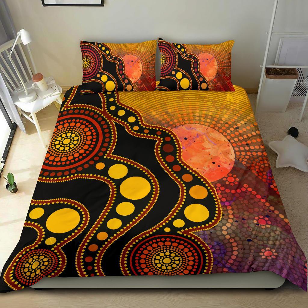 Aboriginal Bedding Set - Australia Indigenous Flag Circle Dot Painting Art (Golden) - Vibe Hoodie Shop