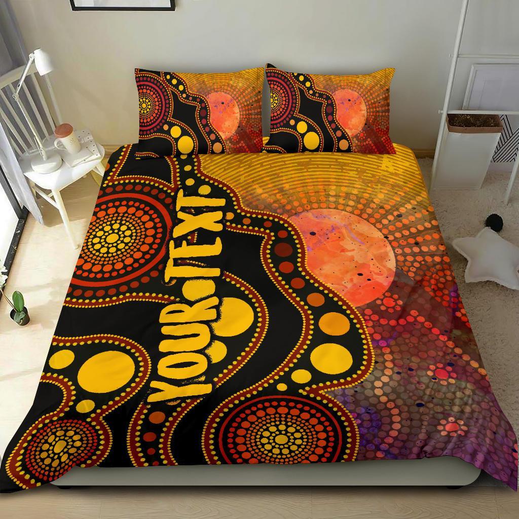 Custom Text Aboriginal Bedding Set - Australia Indigenous Flag Circle Dot Painting Art (Golden) - Vibe Hoodie Shop