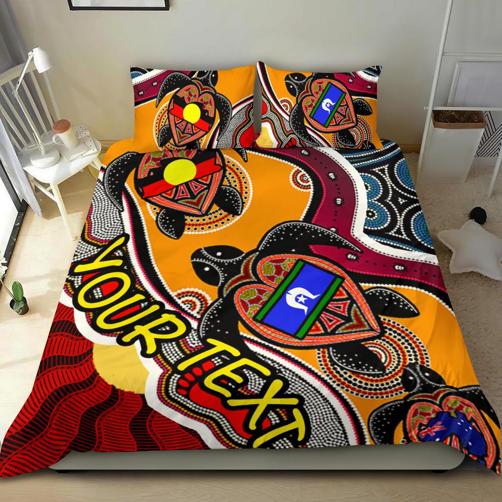 Custom Aboriginal Bedding Set - Indigenous Dots Pattern With Turtle and NAIDOC Flags - Vibe Hoodie Shop