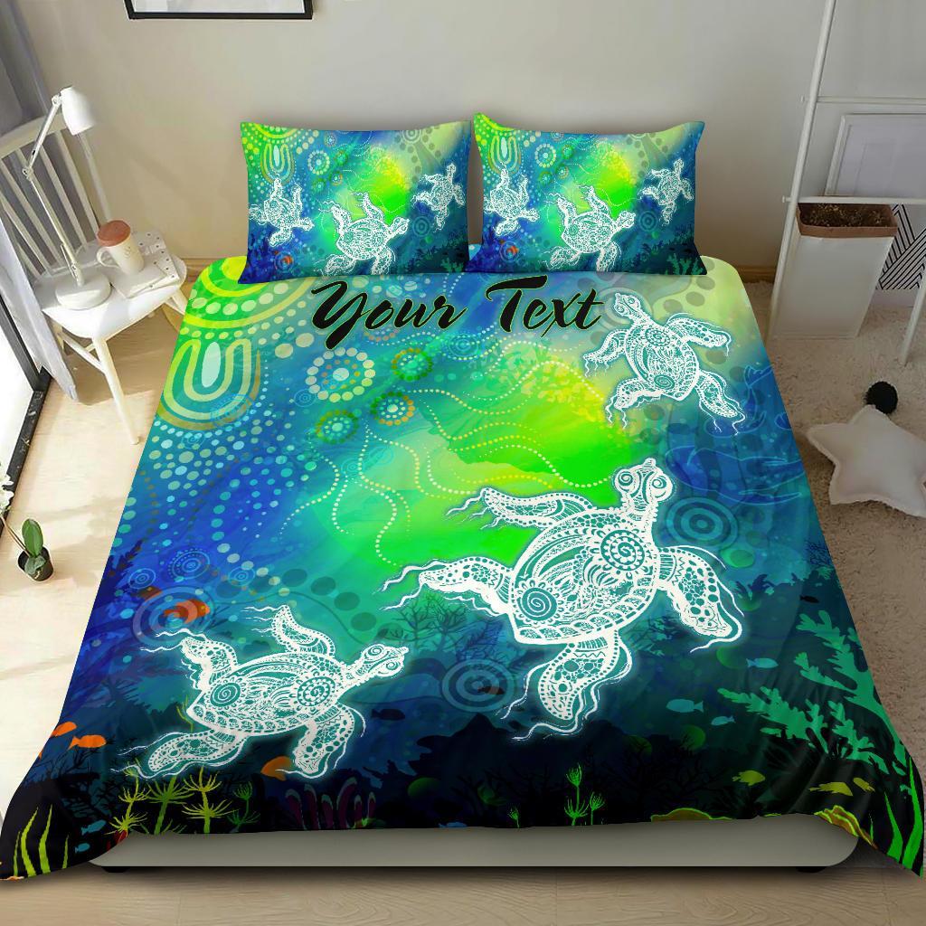 Custom Text Aboriginal Bedding Set - Indigenous Turtle Ocean Dot Painting Art - Vibe Hoodie Shop