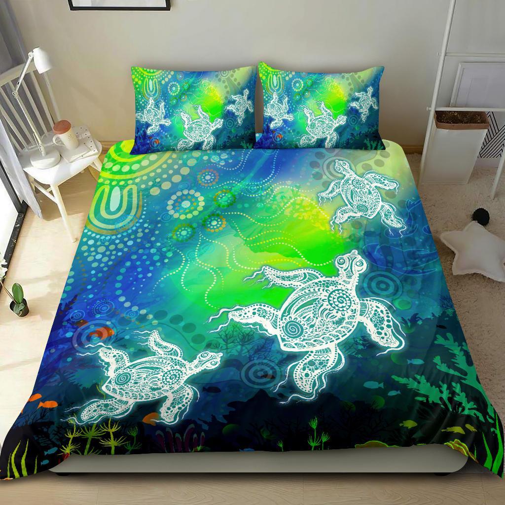 Aboriginal Bedding Set - Indigenous Turtle Ocean Dot Painting Art - Vibe Hoodie Shop