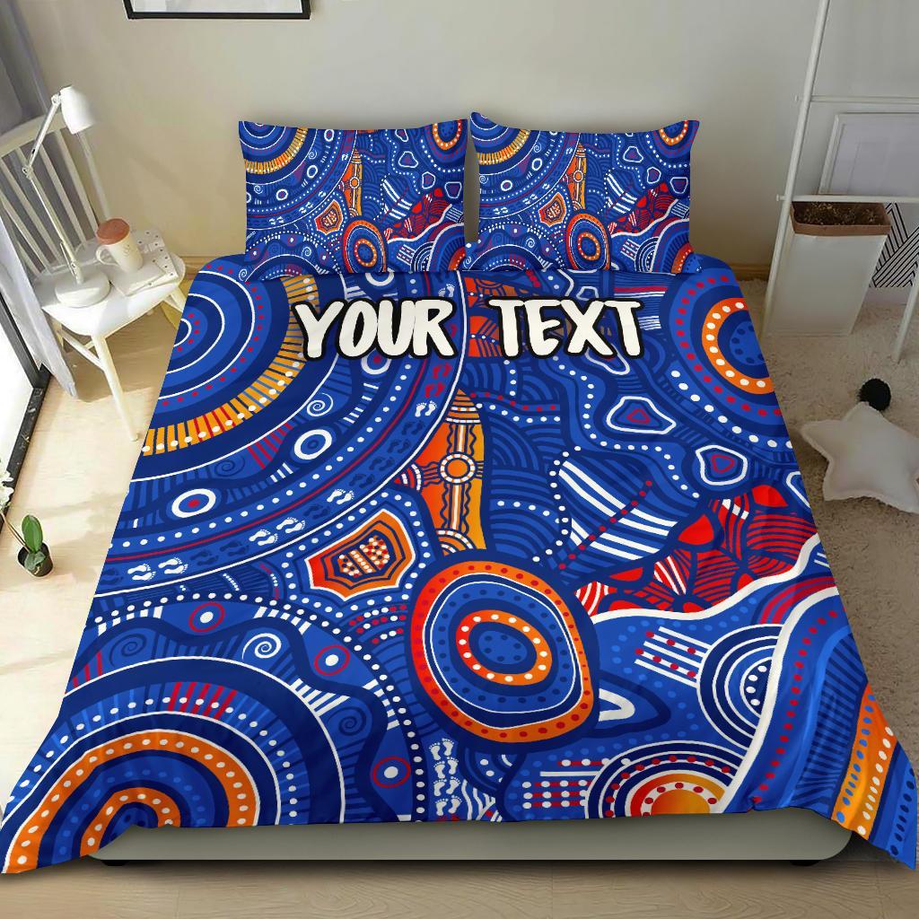 Custom Text Aboriginal Bedding Set - Indigenous Footprint Patterns Blue Color - Vibe Hoodie Shop