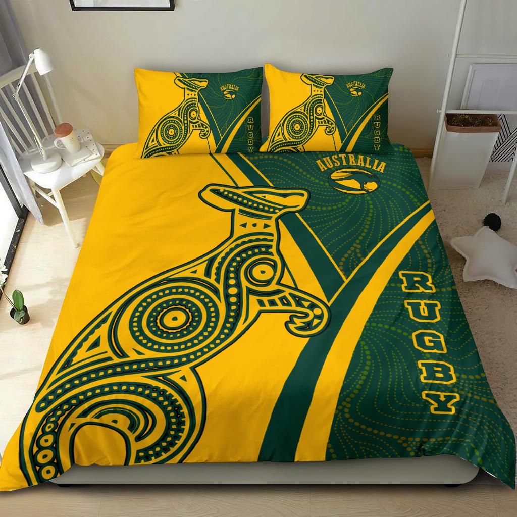 Rugby Bedding Set - Australian Rugby Kangaroo and Aboriginal Patterns - Vibe Hoodie Shop