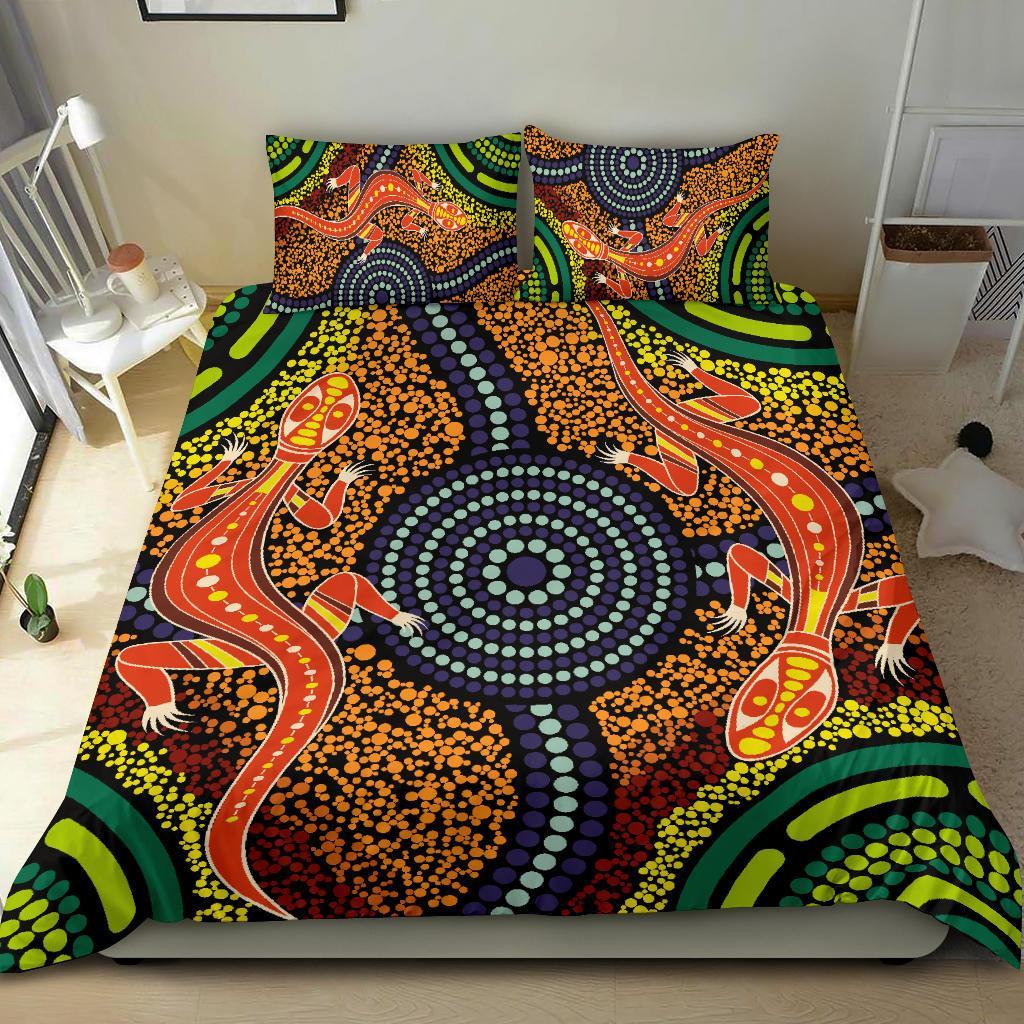 1st Australia Bedding Set - Aboriginal Two Lizards Dot Painting Circle - Vibe Hoodie Shop