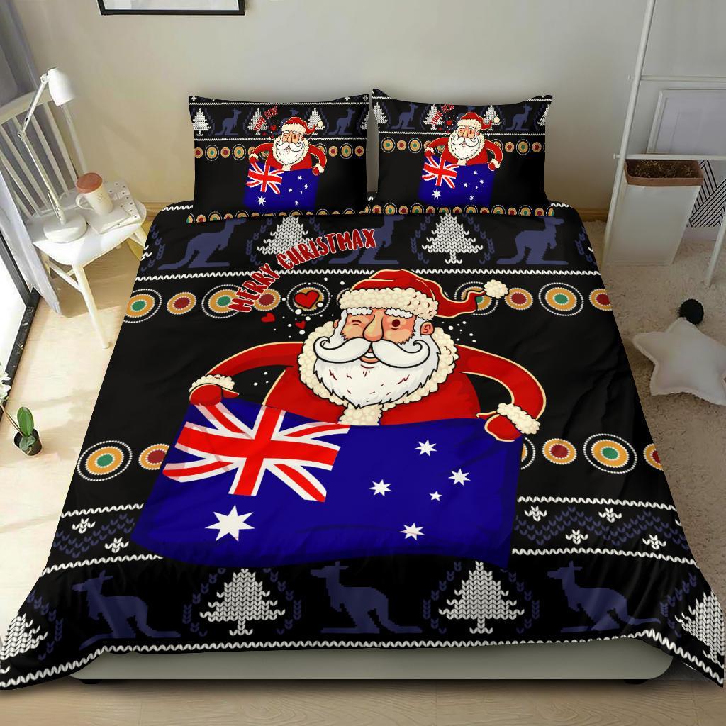 Christmas Personalised Bedding Set - Australia Santa Claus Hold The Flag (Black) - Vibe Hoodie Shop