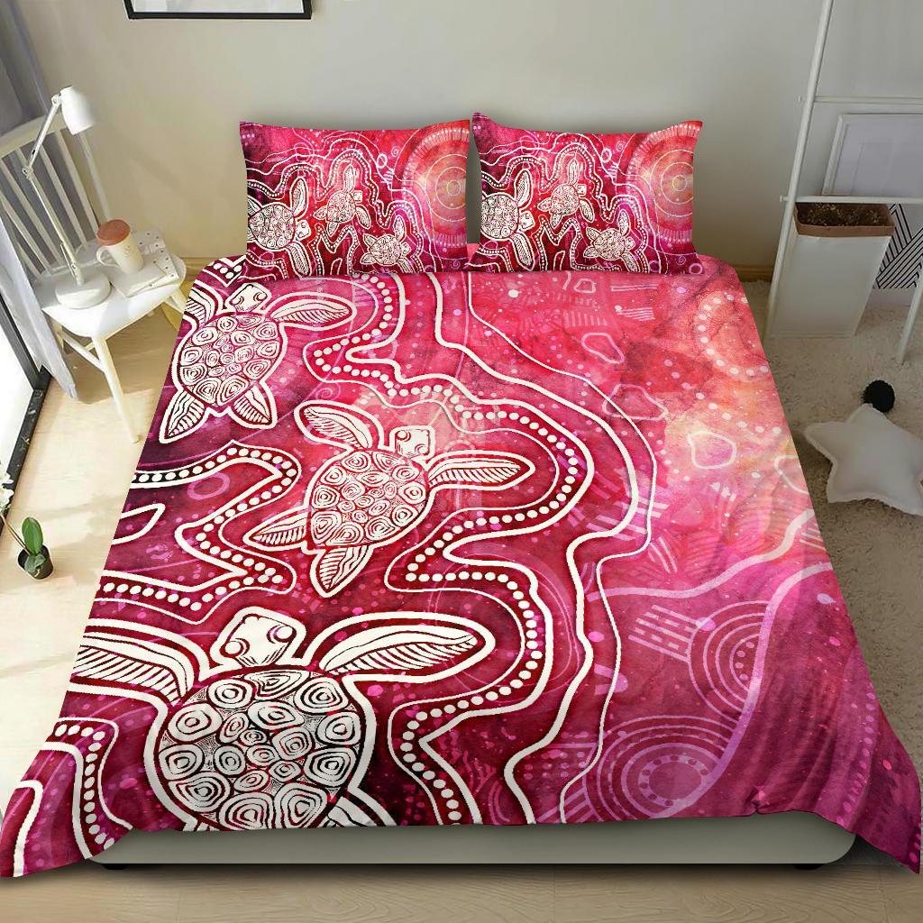 Aboriginal Bedding Set - Sea Turtle With Indigenous Patterns (Pink) - Vibe Hoodie Shop