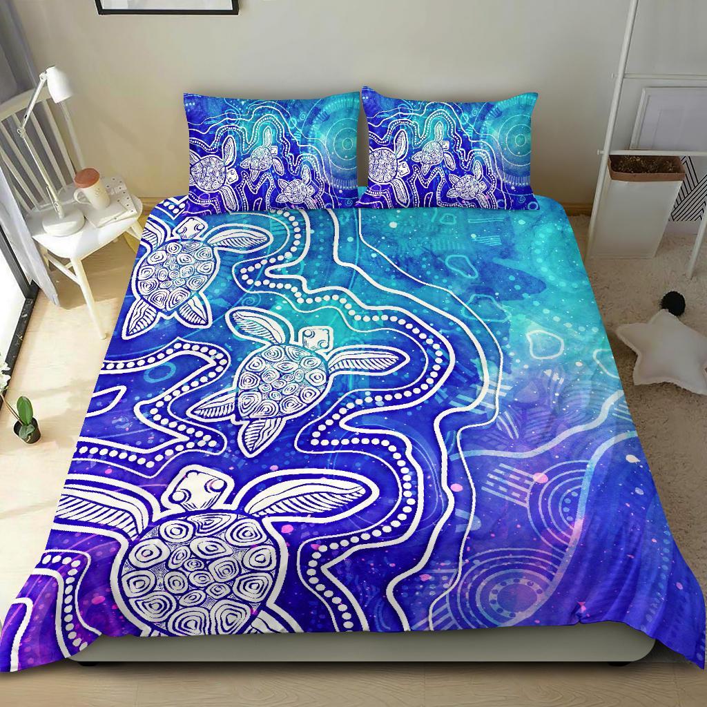 Aboriginal Bedding Set - Sea Turtle With Indigenous Patterns (Blue) - Vibe Hoodie Shop