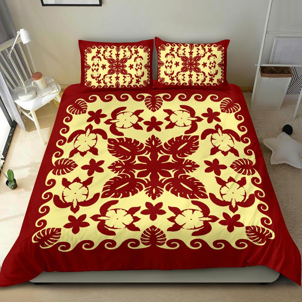 Turtle with Hibiscus Royal Red Bedding Set Palm Leaf - Vibe Hoodie Shop