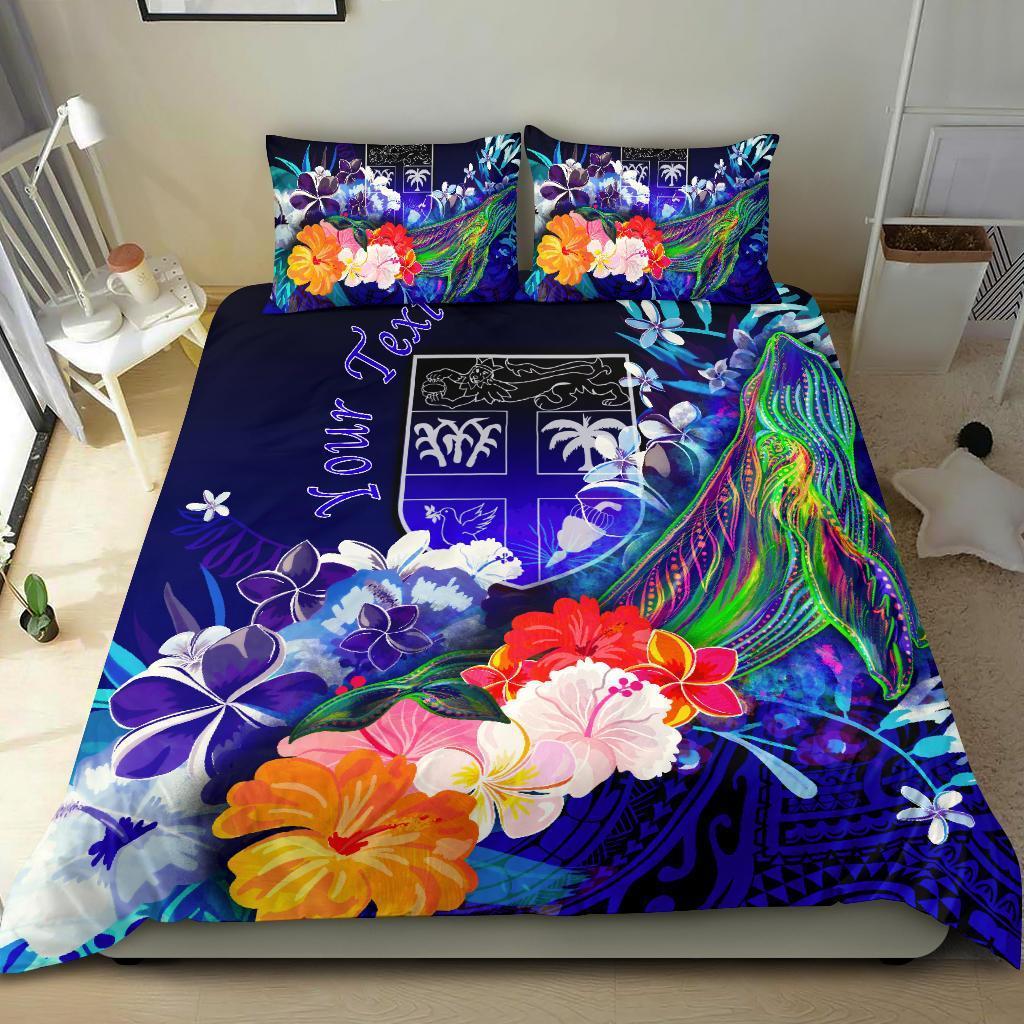 Fiji Custom Personalised Bedding Set - Humpback Whale with Tropical Flowers (Blue) - Vibe Hoodie Shop