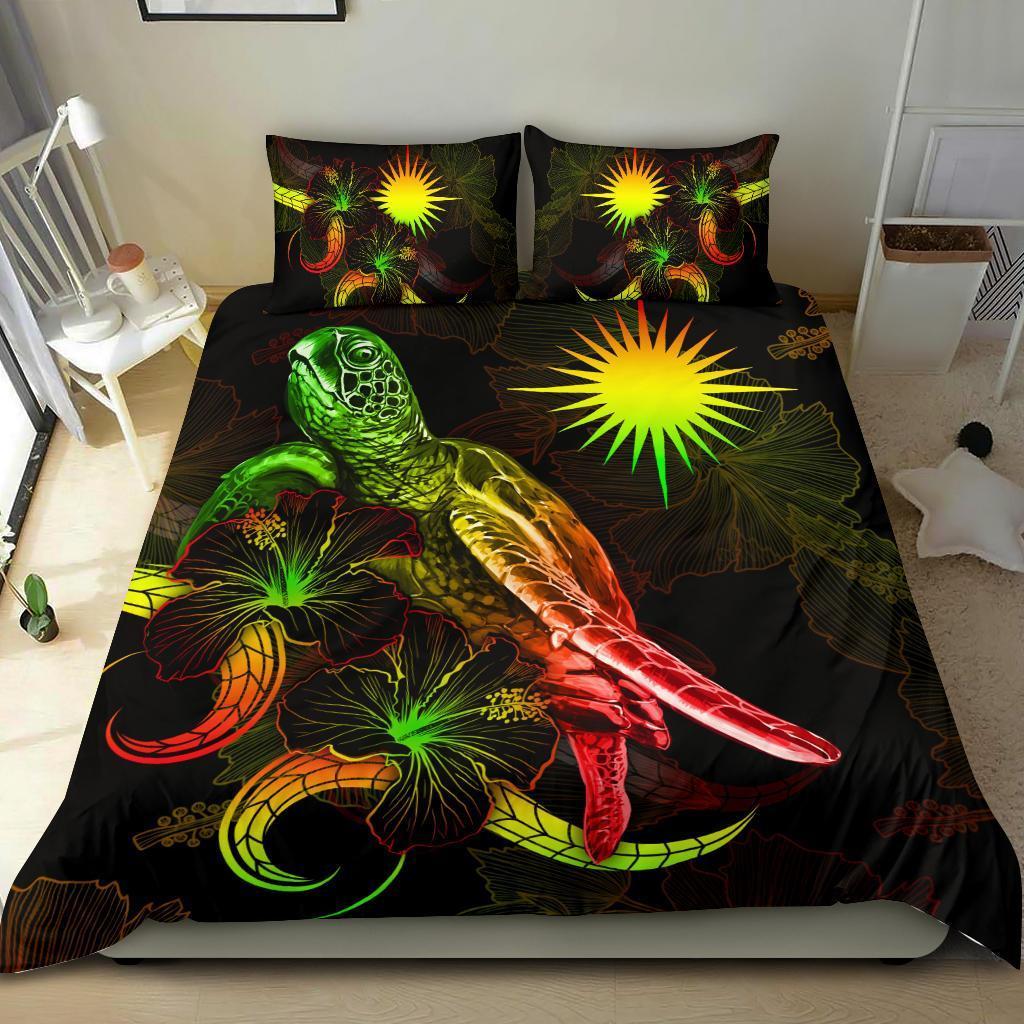Marshall Islands Polynesian Bedding Set - Turtle With Blooming Hibiscus Reggae - Vibe Hoodie Shop