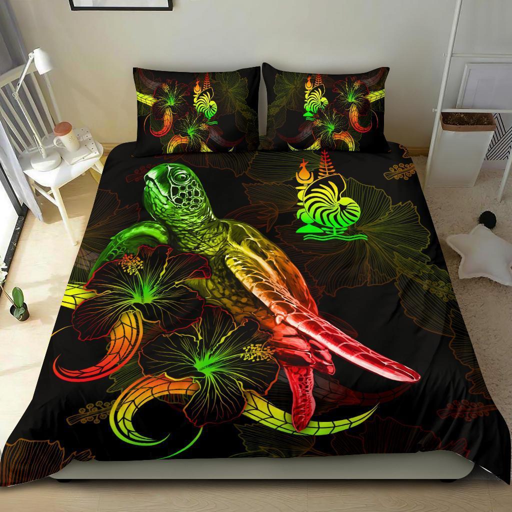 New Caledonia Polynesian Bedding Set - Turtle With Blooming Hibiscus Reggae - Vibe Hoodie Shop
