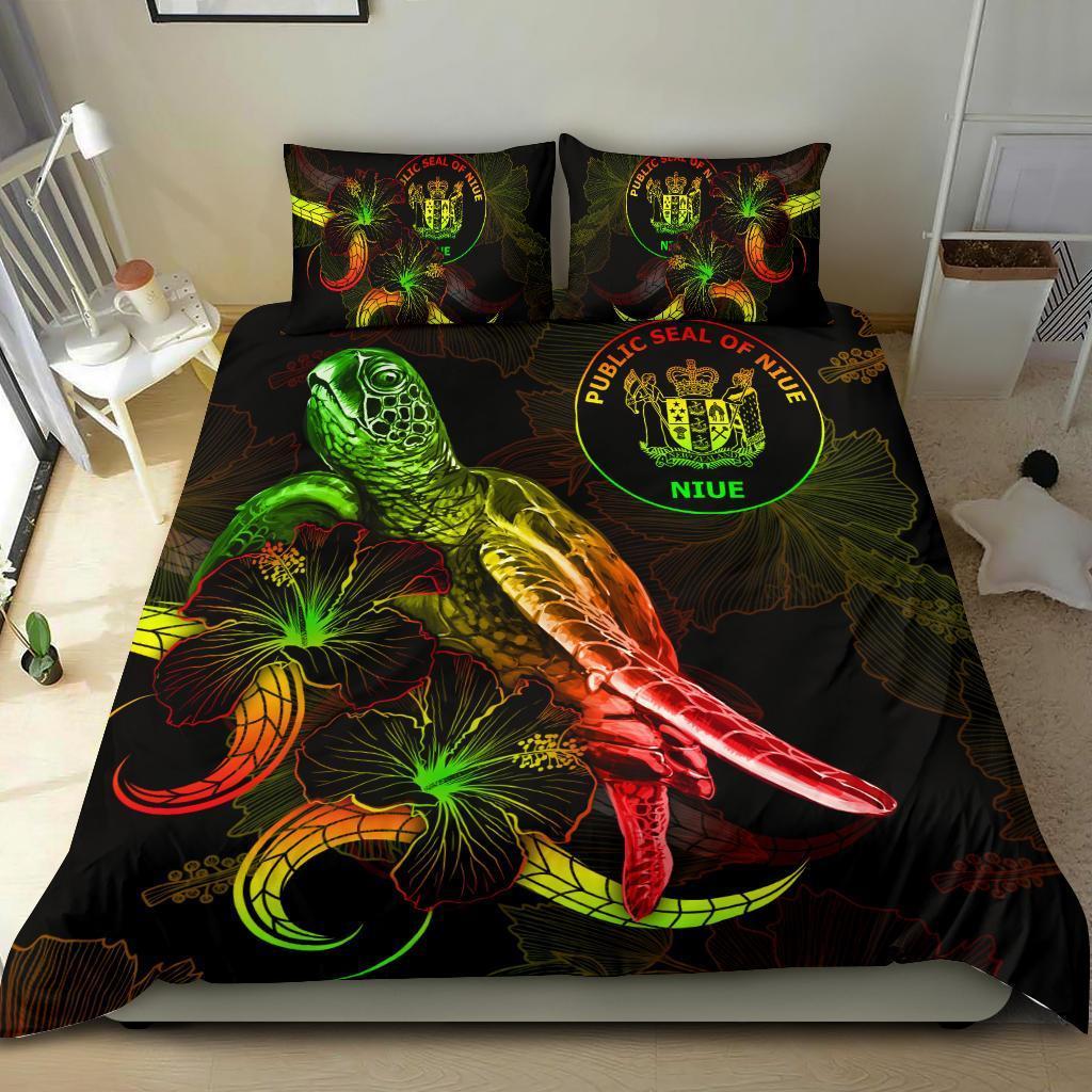 Niue Polynesian Bedding Set - Turtle With Blooming Hibiscus Reggae - Vibe Hoodie Shop