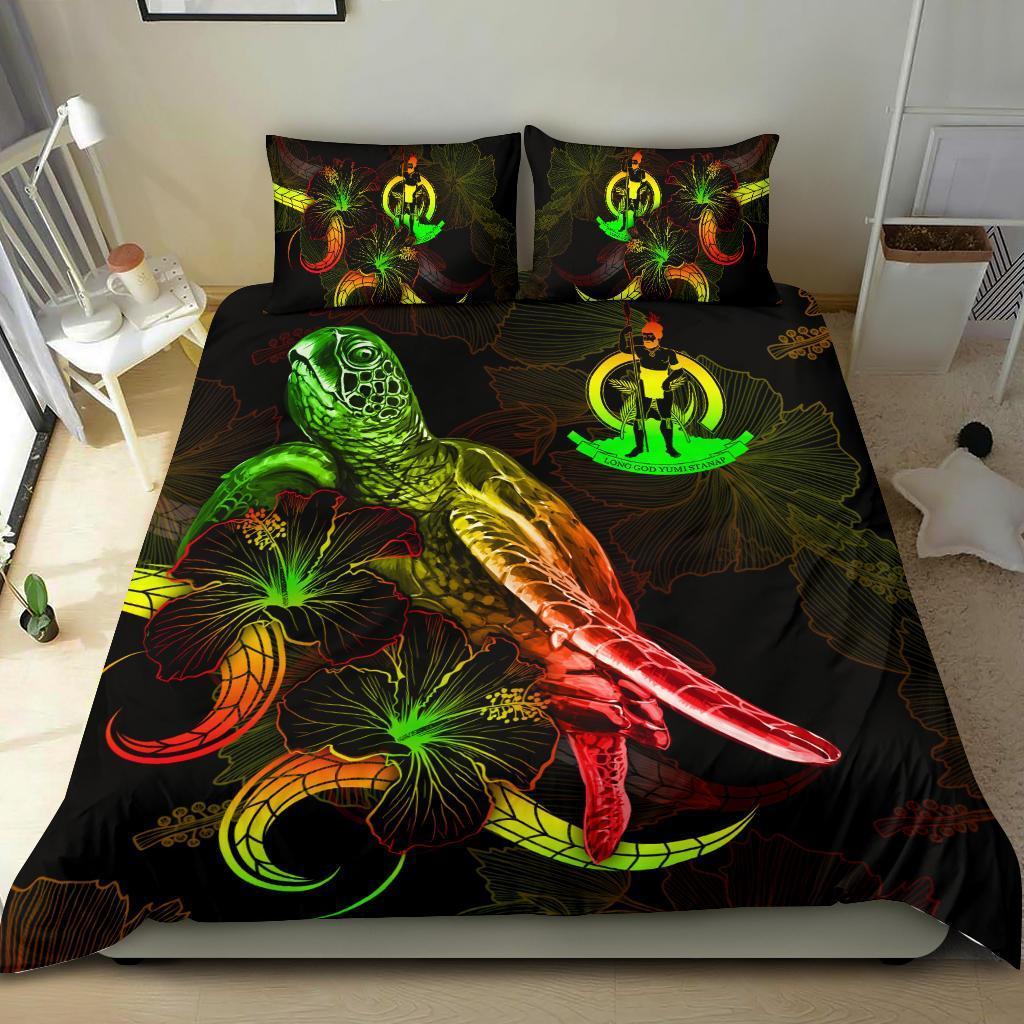 Vanuatu Polynesian Bedding Set - Turtle With Blooming Hibiscus Reggae - Vibe Hoodie Shop