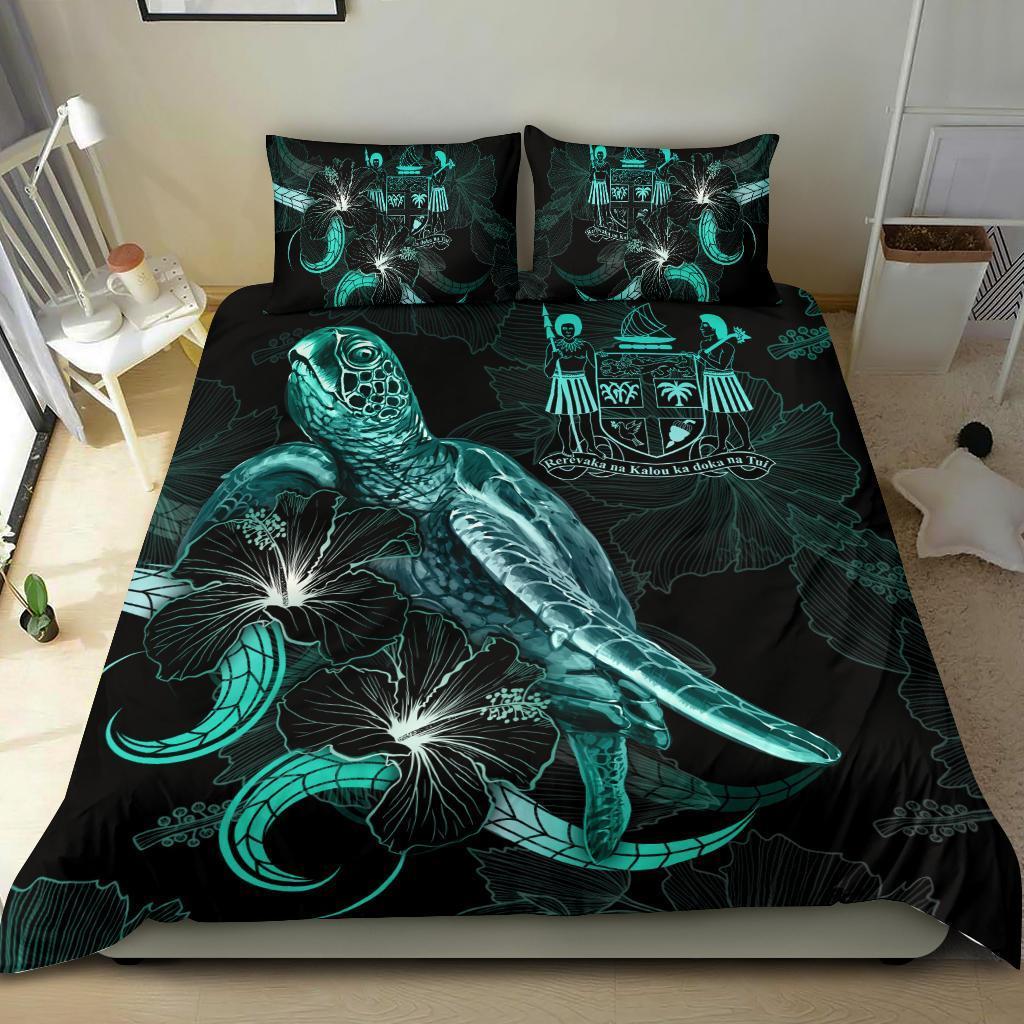 Fiji Polynesian Bedding Set - Turtle With Blooming Hibiscus Turquoise - Vibe Hoodie Shop