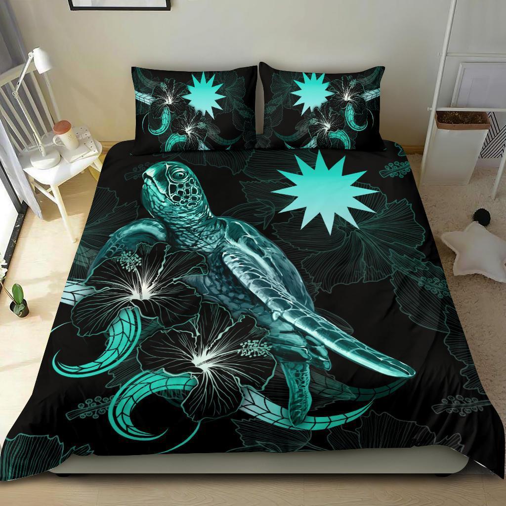 Nauru Polynesian Bedding Set - Turtle With Blooming Hibiscus Turquoise - Vibe Hoodie Shop