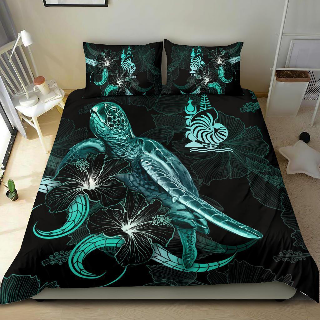 New Caledonia Polynesian Bedding Set - Turtle With Blooming Hibiscus Turquoise - Vibe Hoodie Shop