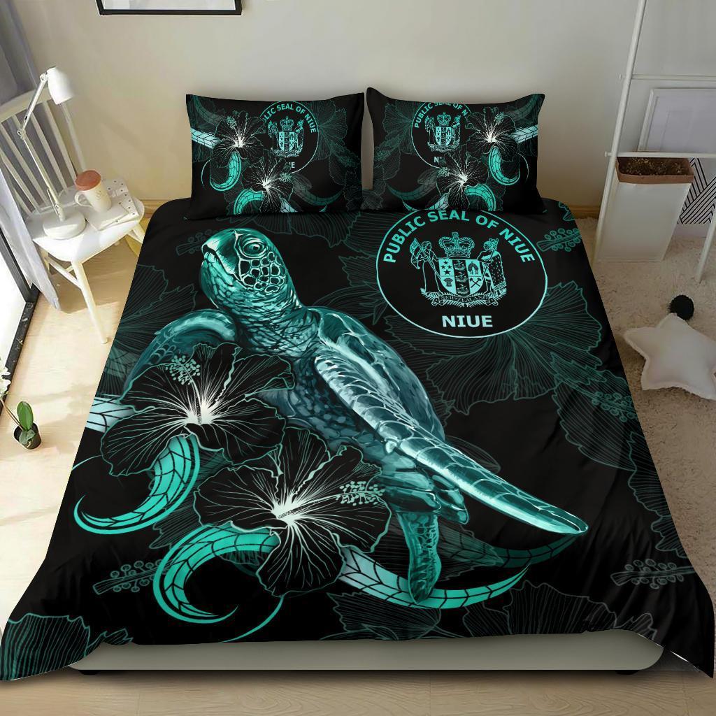 Niue Polynesian Bedding Set - Turtle With Blooming Hibiscus Turquoise - Vibe Hoodie Shop