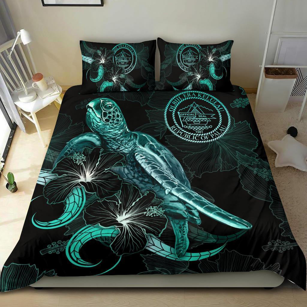 Palau Polynesian Bedding Set - Turtle With Blooming Hibiscus Turquoise - Vibe Hoodie Shop