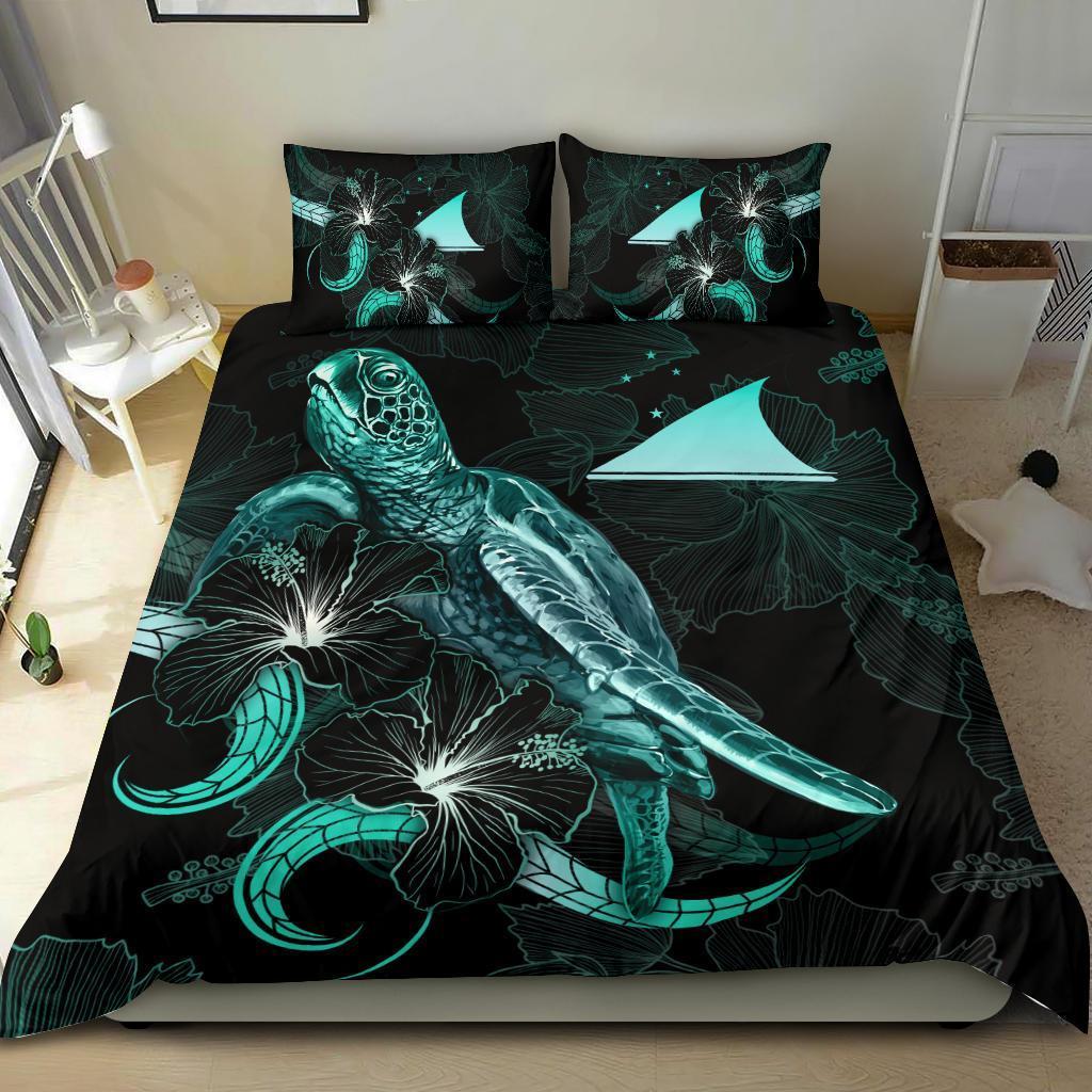 Tokelau Polynesian Bedding Set - Turtle With Blooming Hibiscus Turquoise - Vibe Hoodie Shop