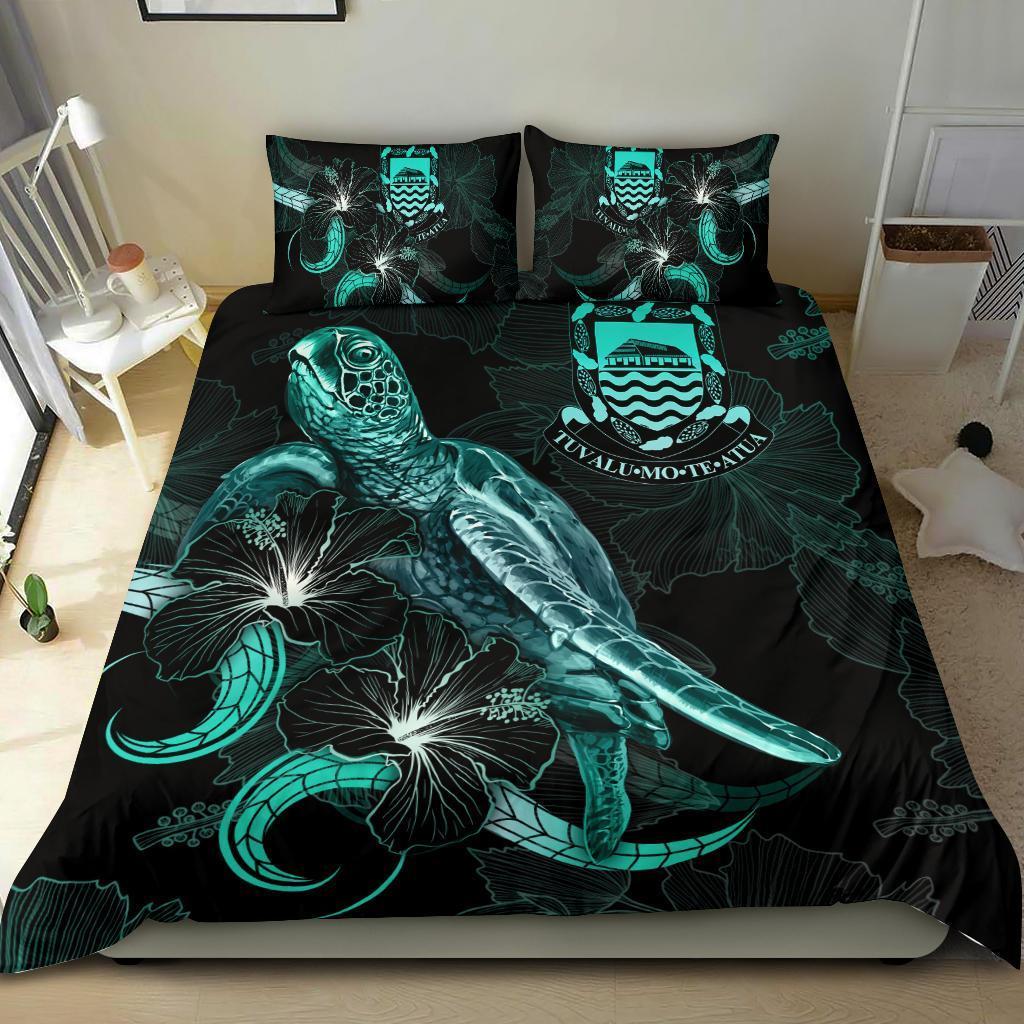 Tuvalu Polynesian Bedding Set - Turtle With Blooming Hibiscus Turquoise - Vibe Hoodie Shop