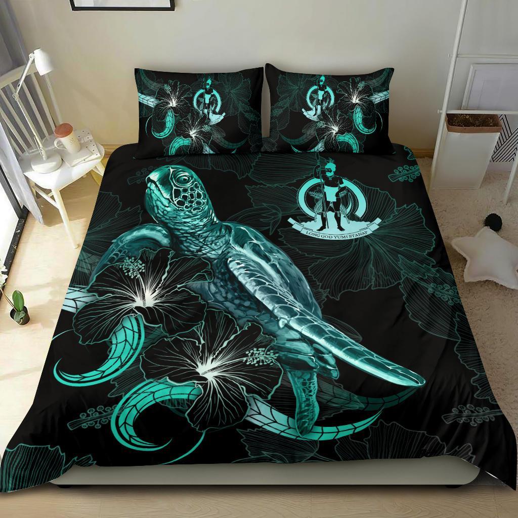 Vanuatu Polynesian Bedding Set - Turtle With Blooming Hibiscus Turquoise - Vibe Hoodie Shop