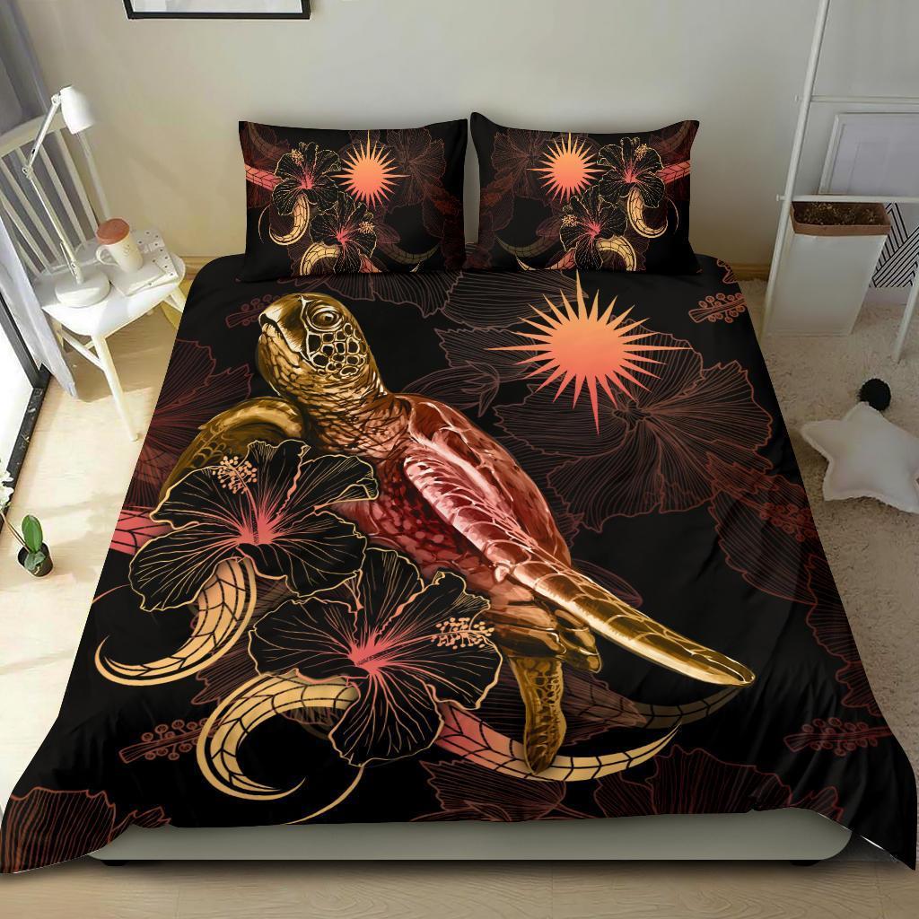 Nauru Polynesian Bedding Set - Turtle With Blooming Hibiscus Gold - Vibe Hoodie Shop