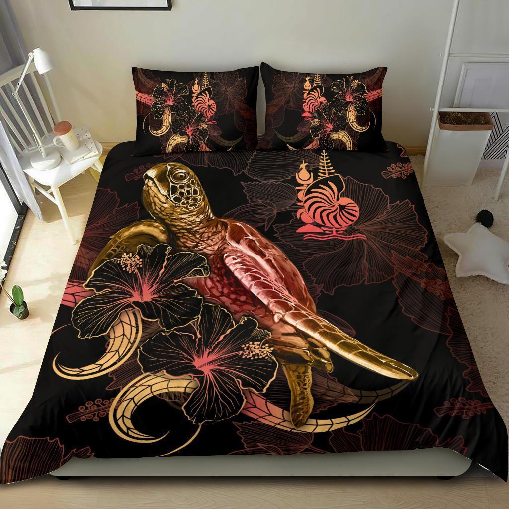 New Caledonia Polynesian Bedding Set - Turtle With Blooming Hibiscus Gold - Vibe Hoodie Shop