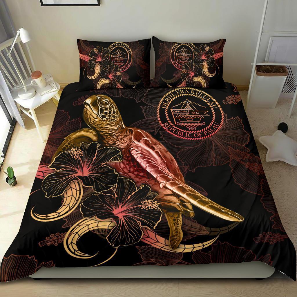 Palau Polynesian Bedding Set - Turtle With Blooming Hibiscus Gold - Vibe Hoodie Shop