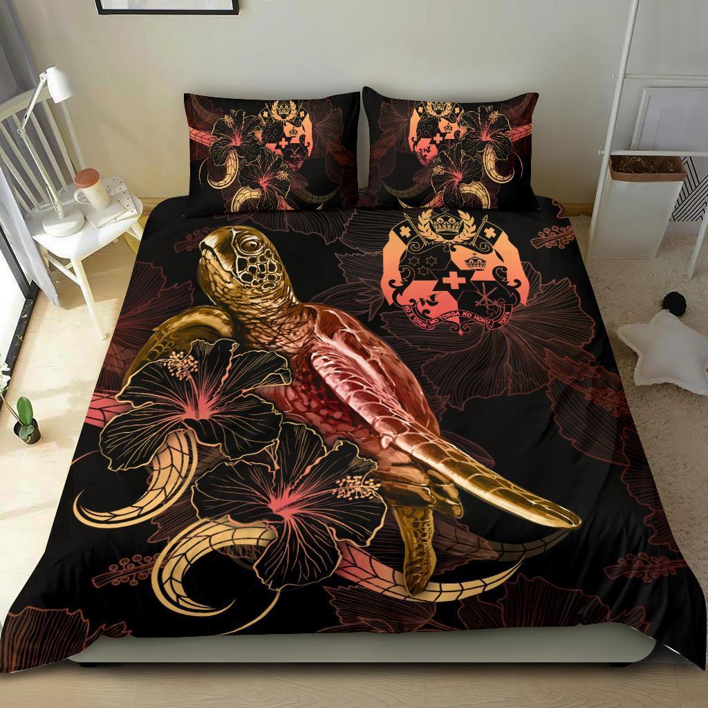 Tuvalu Polynesian Bedding Set - Turtle With Blooming Hibiscus Gold - Vibe Hoodie Shop