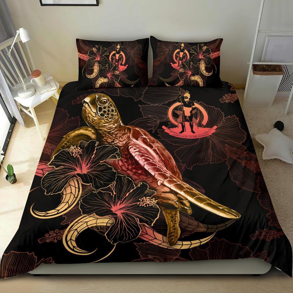 Vanuatu Polynesian Bedding Set - Turtle With Blooming Hibiscus Gold - Vibe Hoodie Shop