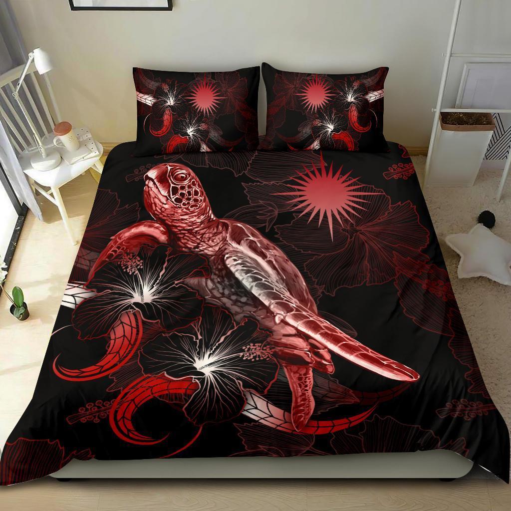 Marshall Islands Polynesian Bedding Set - Turtle With Blooming Hibiscus Red - Vibe Hoodie Shop
