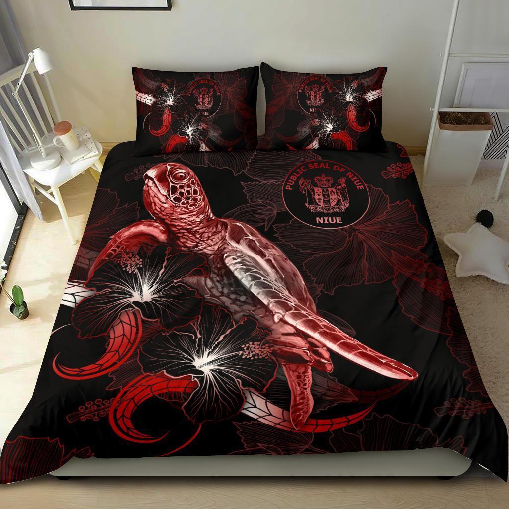 Niue Polynesian Bedding Set - Turtle With Blooming Hibiscus Red - Vibe Hoodie Shop