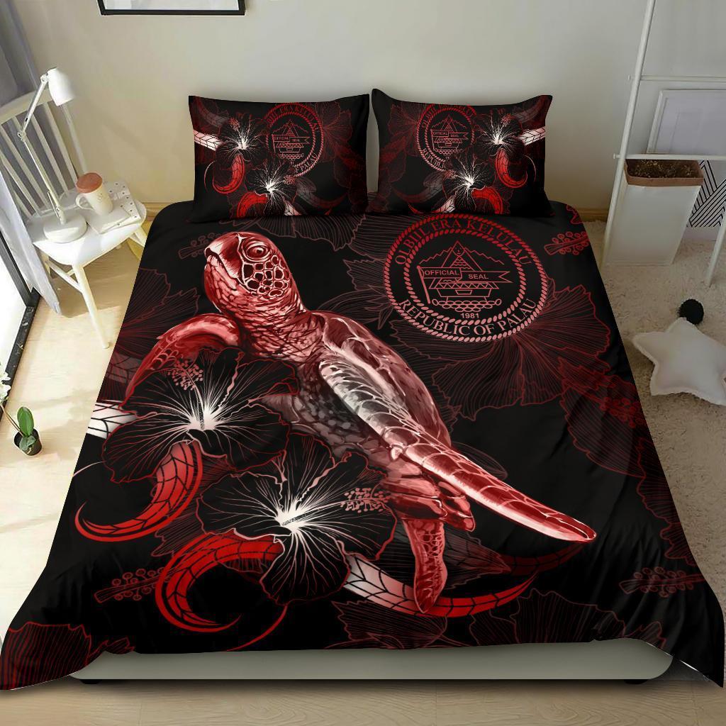 Palau Polynesian Bedding Set - Turtle With Blooming Hibiscus Red - Vibe Hoodie Shop