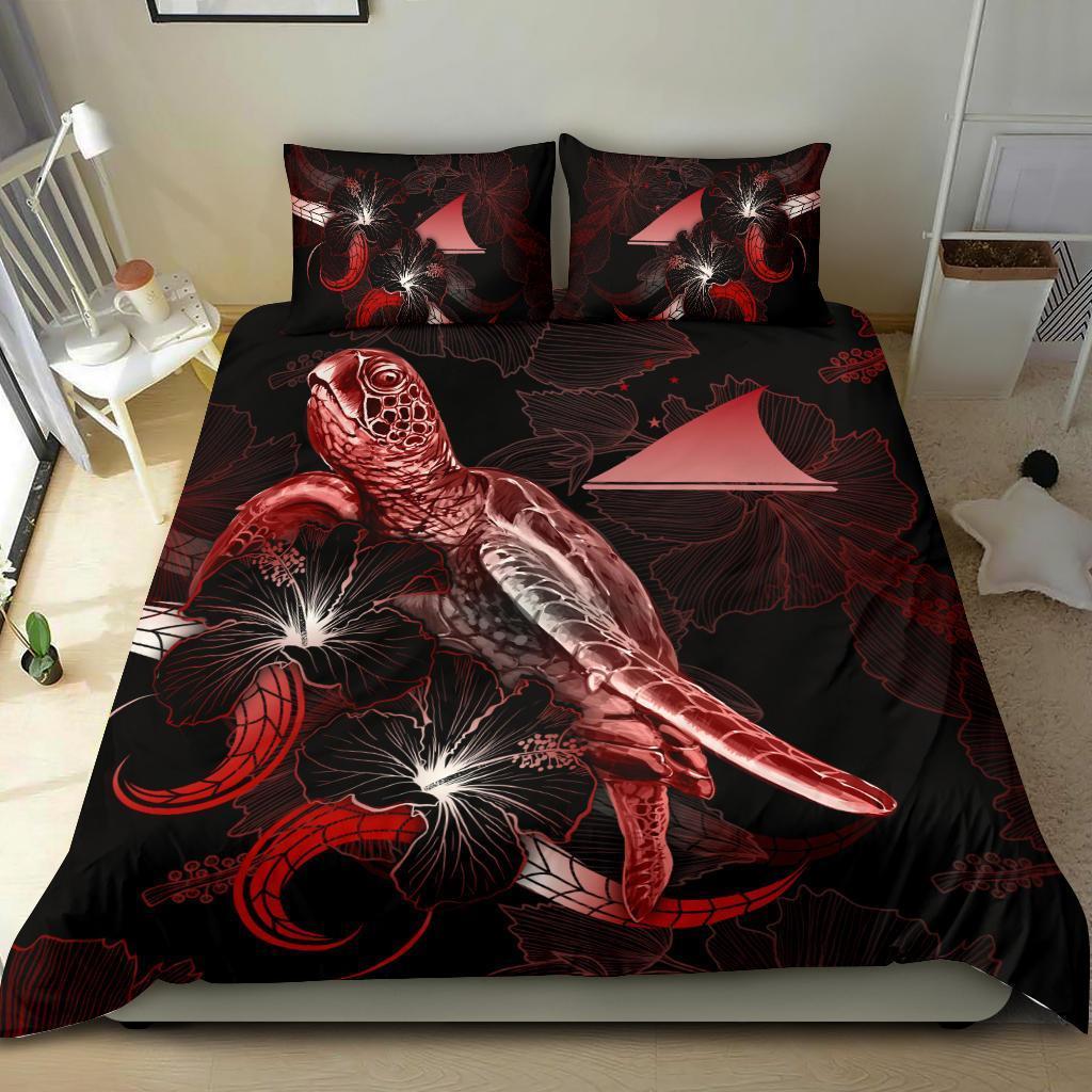 Tokelau Polynesian Bedding Set - Turtle With Blooming Hibiscus Red - Vibe Hoodie Shop