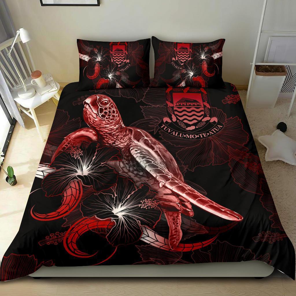 Tuvalu Polynesian Bedding Set - Turtle With Blooming Hibiscus Red - Vibe Hoodie Shop
