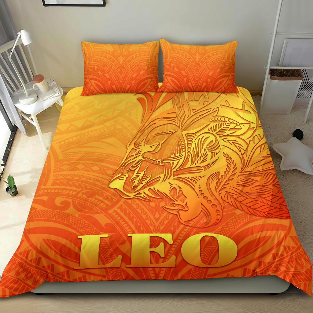 Sun In Leo Zodiac Bedding Set Polynesian Tattoo Simple - Orange - Vibe Hoodie Shop