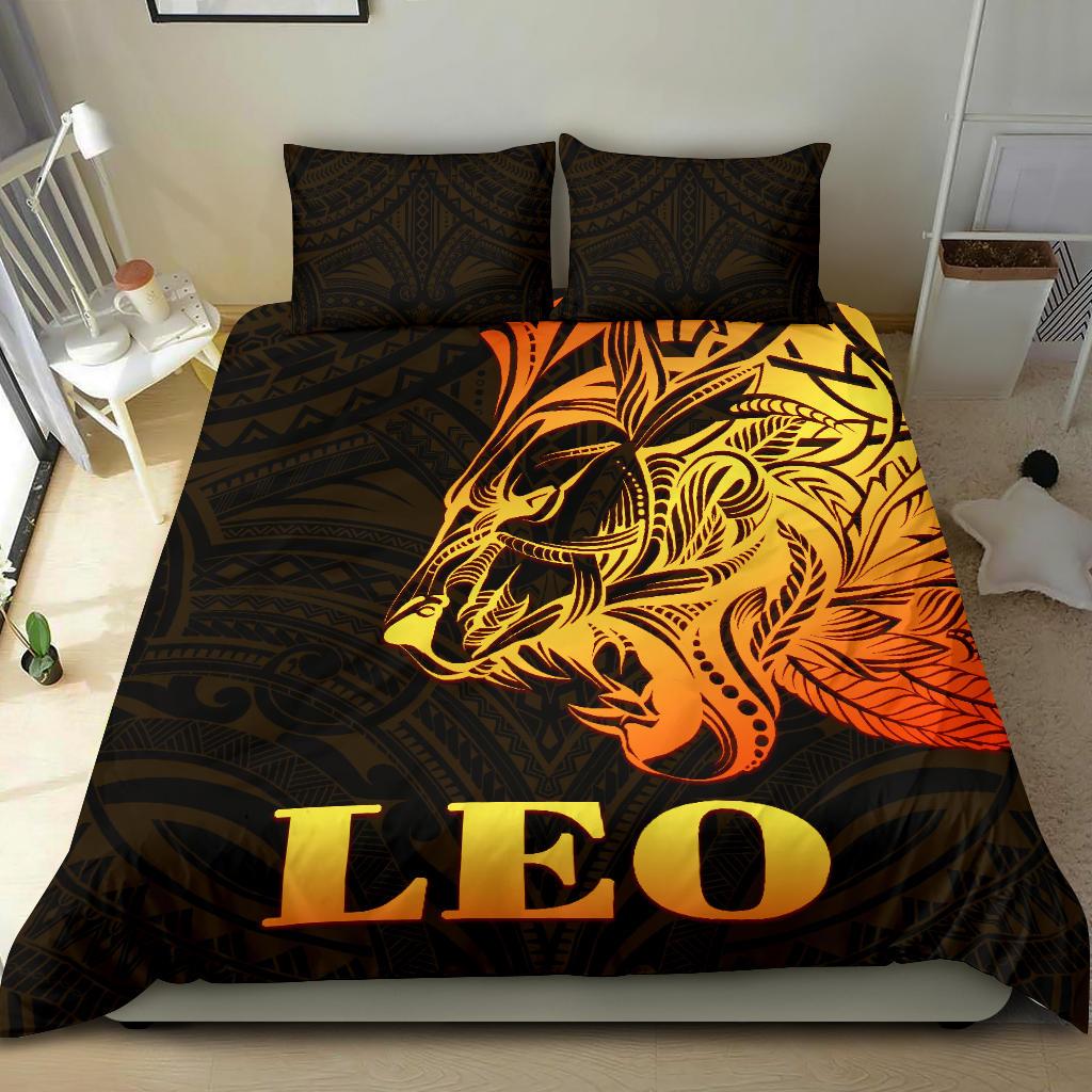 Sun In Leo Zodiac Bedding Set Polynesian Tattoo Simple - Orange Black - Vibe Hoodie Shop