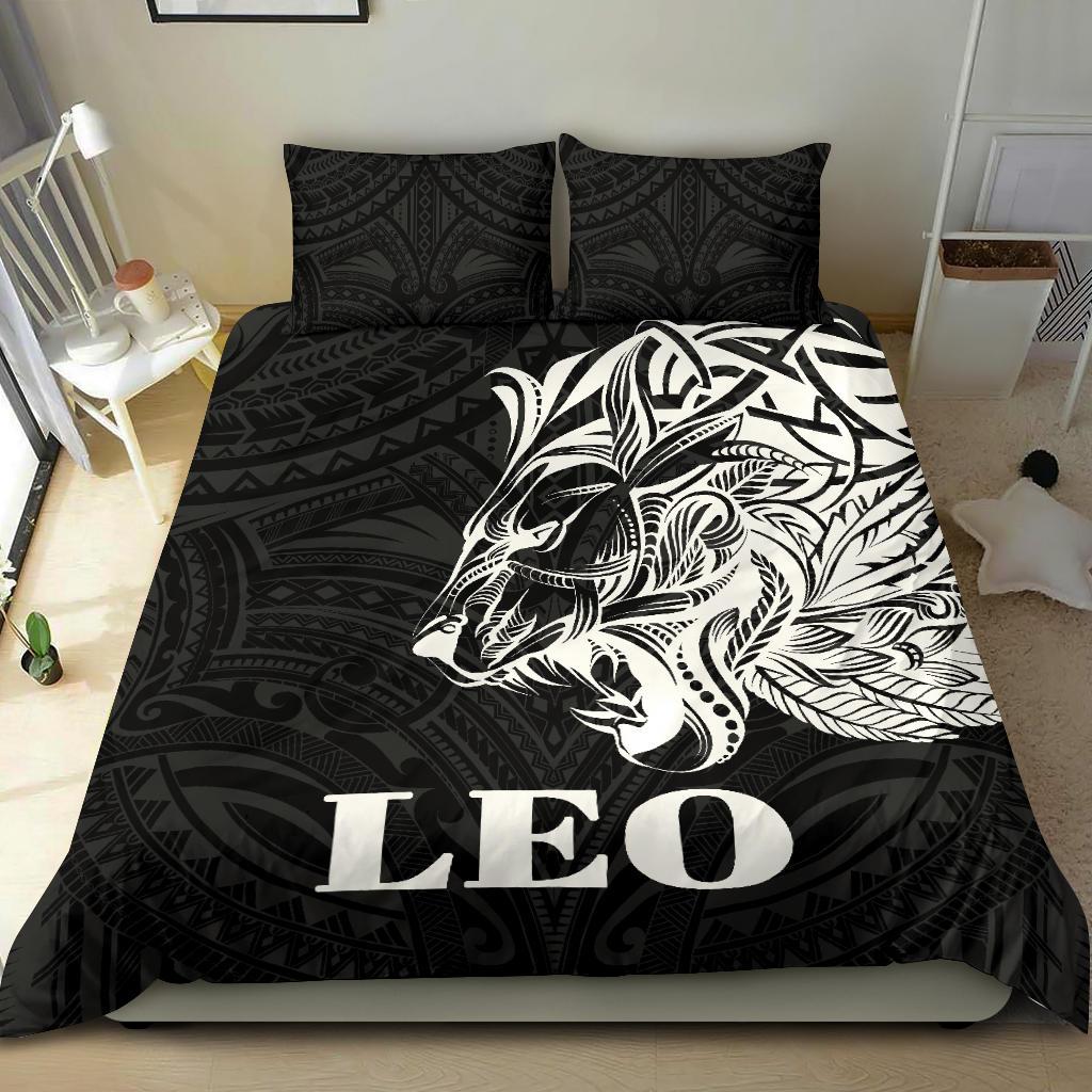 Sun In Leo Zodiac Bedding Set Polynesian Tattoo Simple - White - Vibe Hoodie Shop