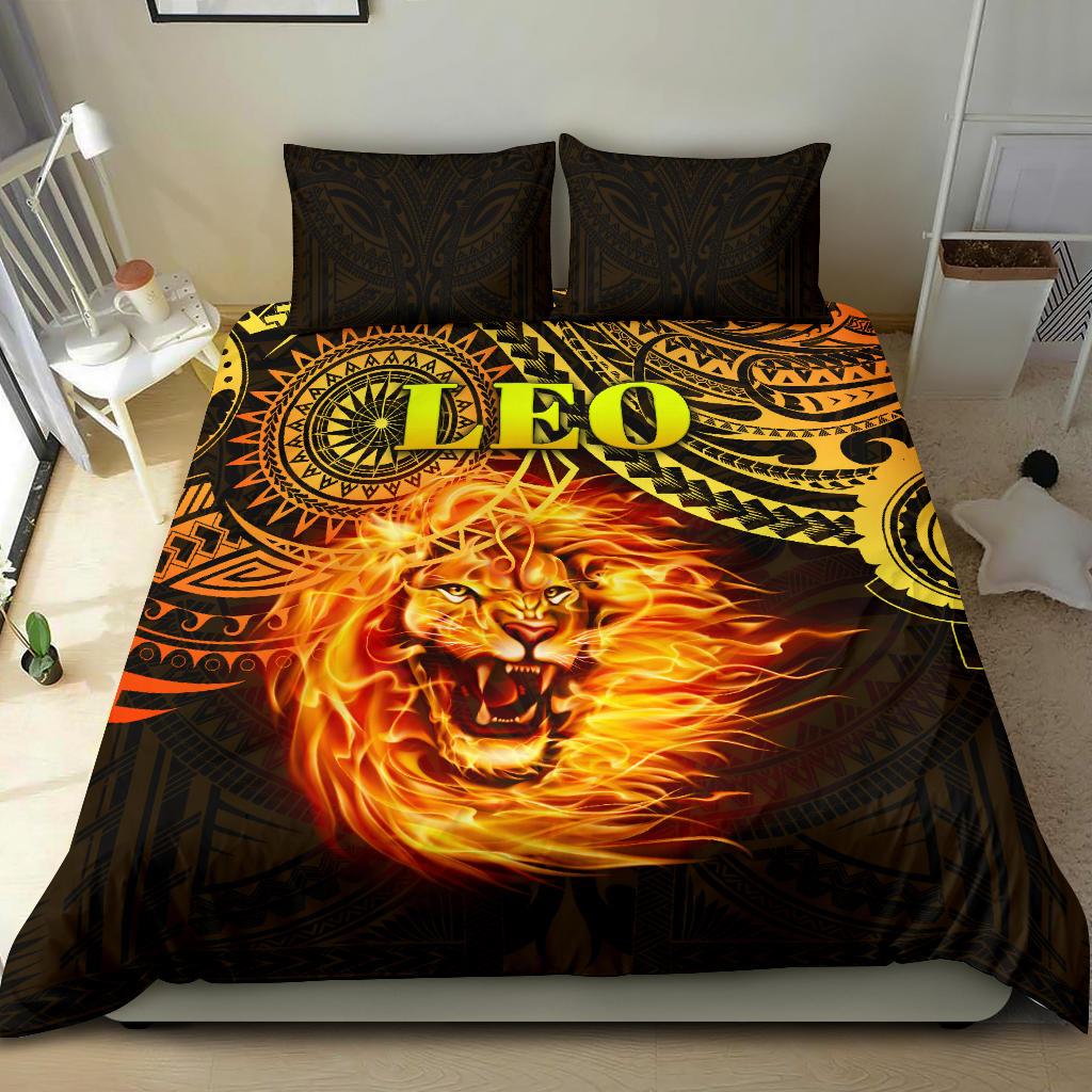 Sun In Leo Zodiac Bedding Set Polynesian Tattoo Unique Vibes - Vibe Hoodie Shop