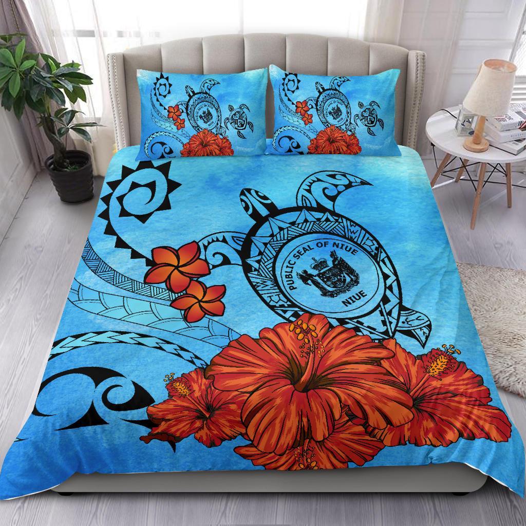 Niue Coat Of Arms Poly Sea Background Bedding Set - Vibe Hoodie Shop